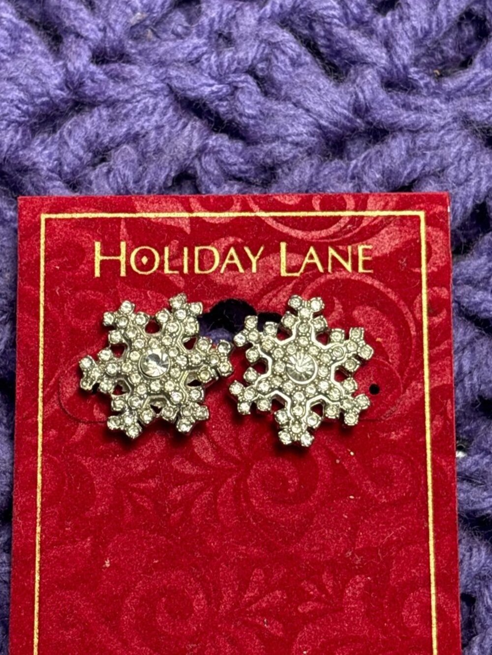 Holiday Lane Clear Rhinestone Snowflake Stud Earrings Silvertone 7/8 inch New